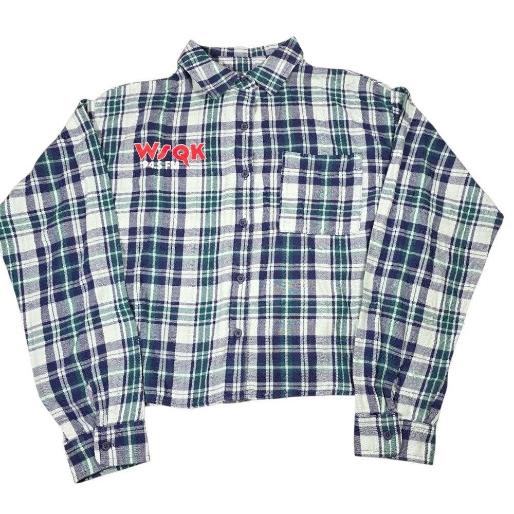 Stranger Things No Boundaries Cropped Flannel Shirt Teal Plaid Hawkins M NEW